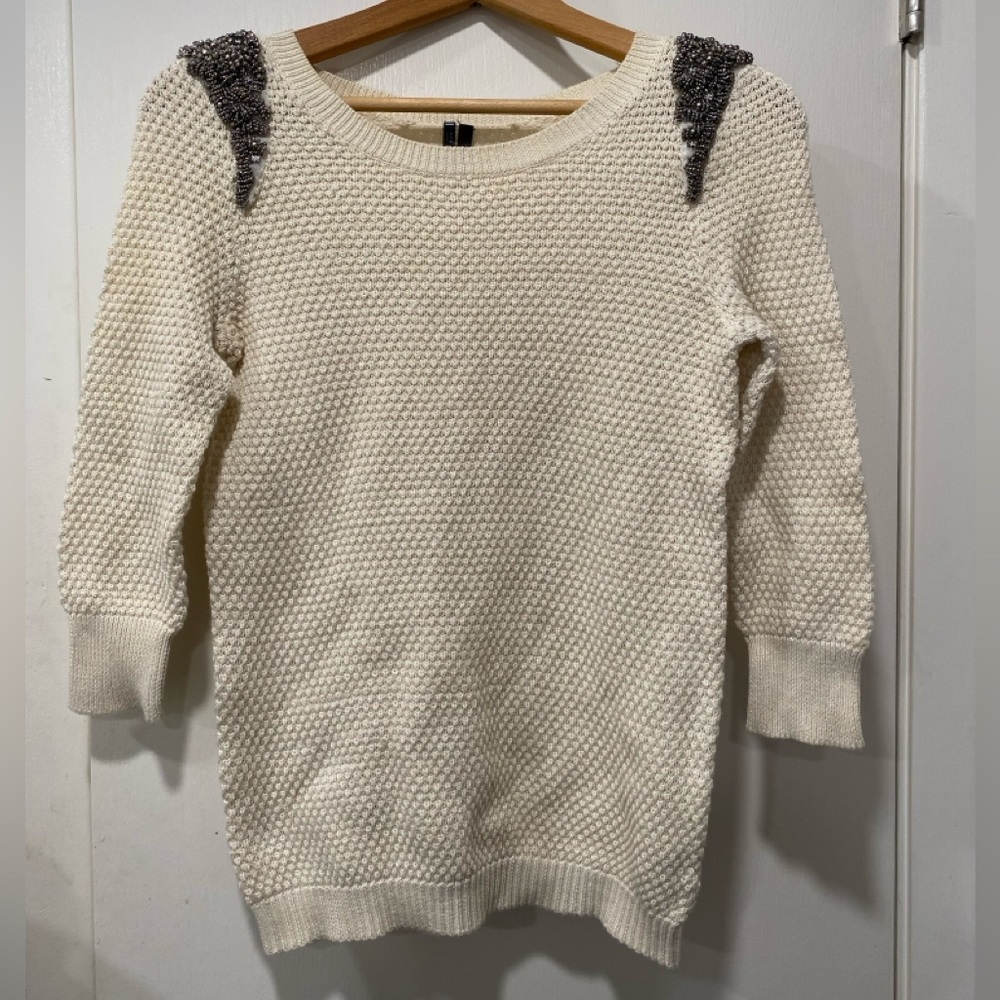 EUC Maurice’s 3/4 Sleeve Sweater with silver shoulder detail in off white